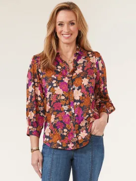 Blouson Sleeve Button Down Pleated Floral Petite Woven Shirt