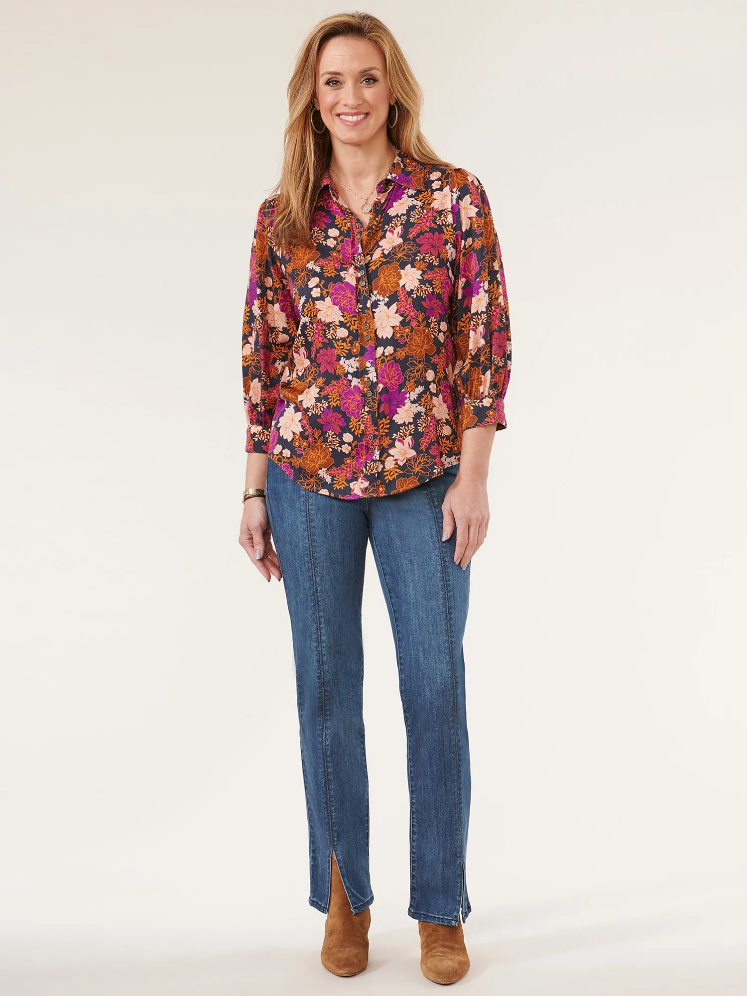 Blouson Sleeve Button Down Pleated Floral Petite Woven Shirt