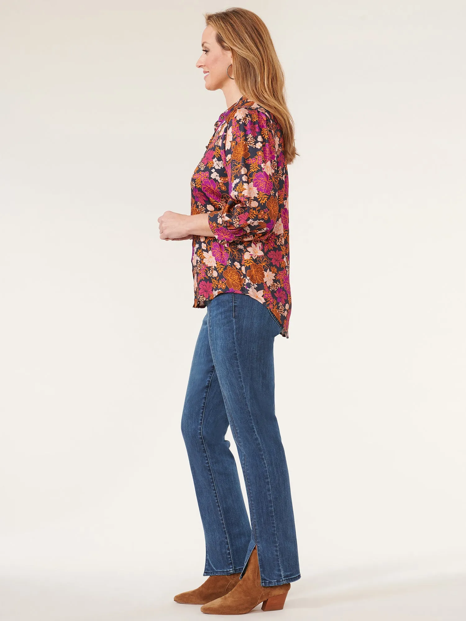 Blouson Sleeve Button Down Pleated Floral Petite Woven Shirt