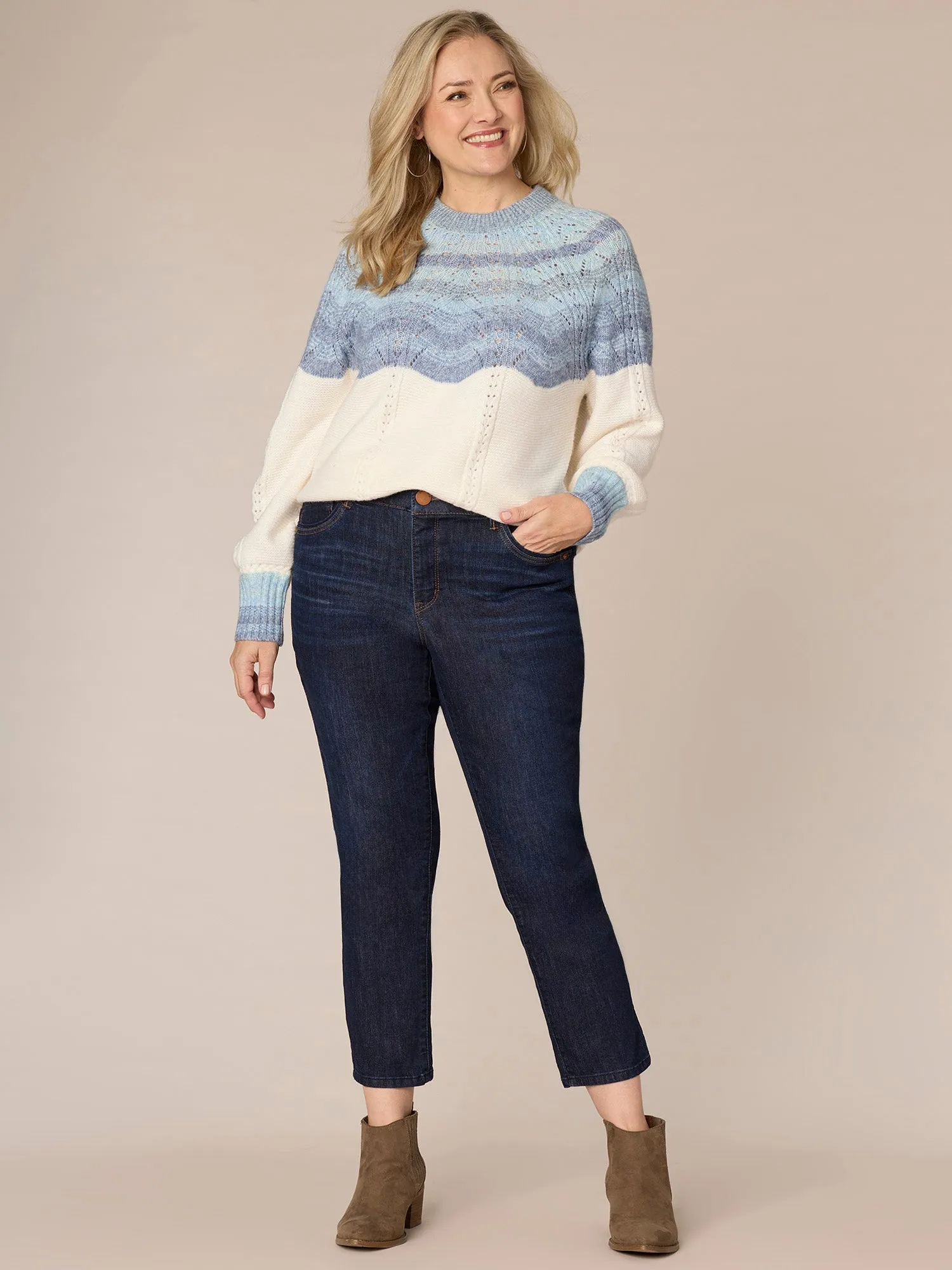 Blouson Sleeve Round Neck Ombre Placement Stitch Plus Size Sweater