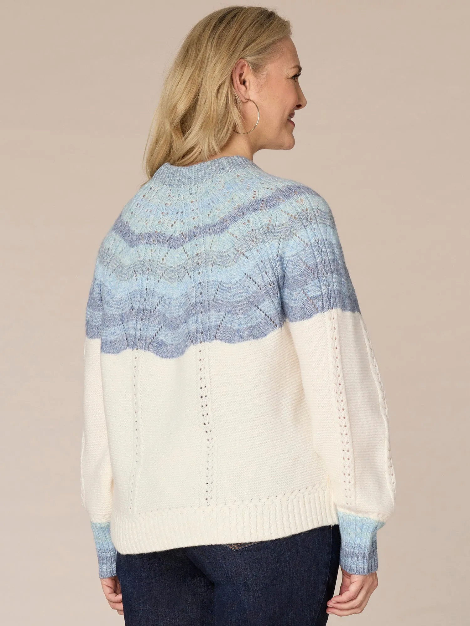 Blouson Sleeve Round Neck Ombre Placement Stitch Plus Size Sweater