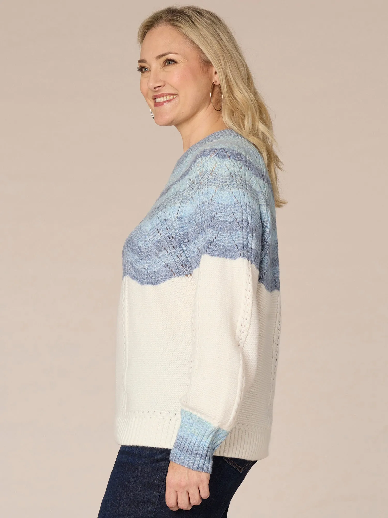 Blouson Sleeve Round Neck Ombre Placement Stitch Plus Size Sweater