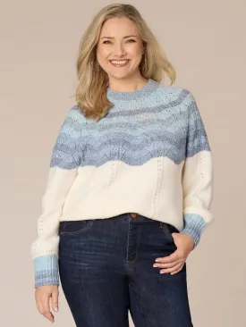 Blouson Sleeve Round Neck Ombre Placement Stitch Plus Size Sweater