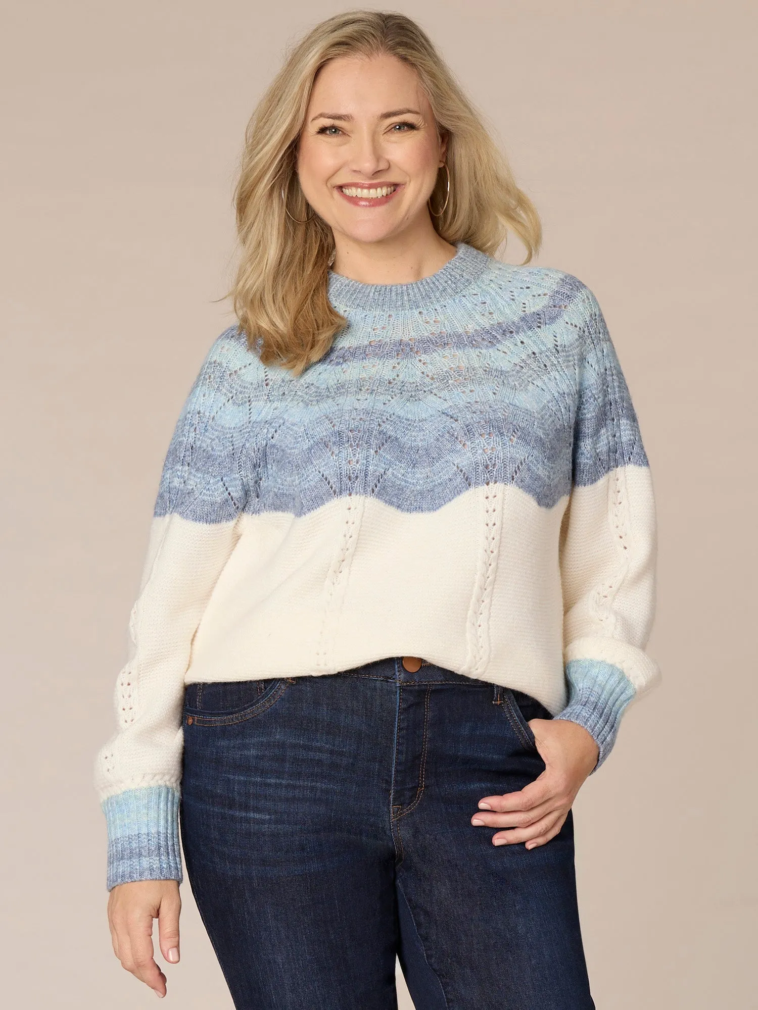 Blouson Sleeve Round Neck Ombre Placement Stitch Plus Size Sweater