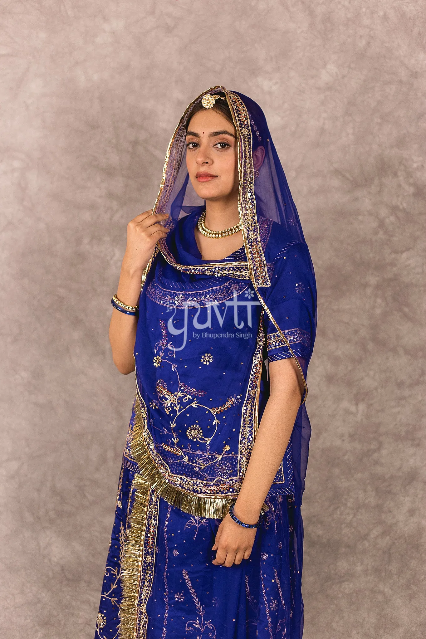 Blue Dori sequins work Bamber Satin Rajputi Poshak