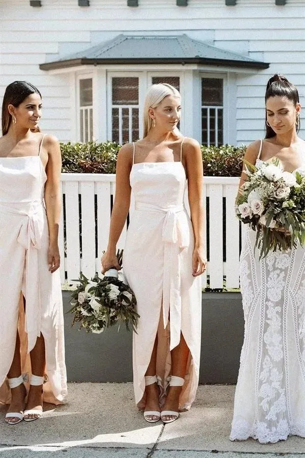 Blush Pink A-line Chiffon Spaghetti Straps Bridesmaid Dresses with Bow, BD097