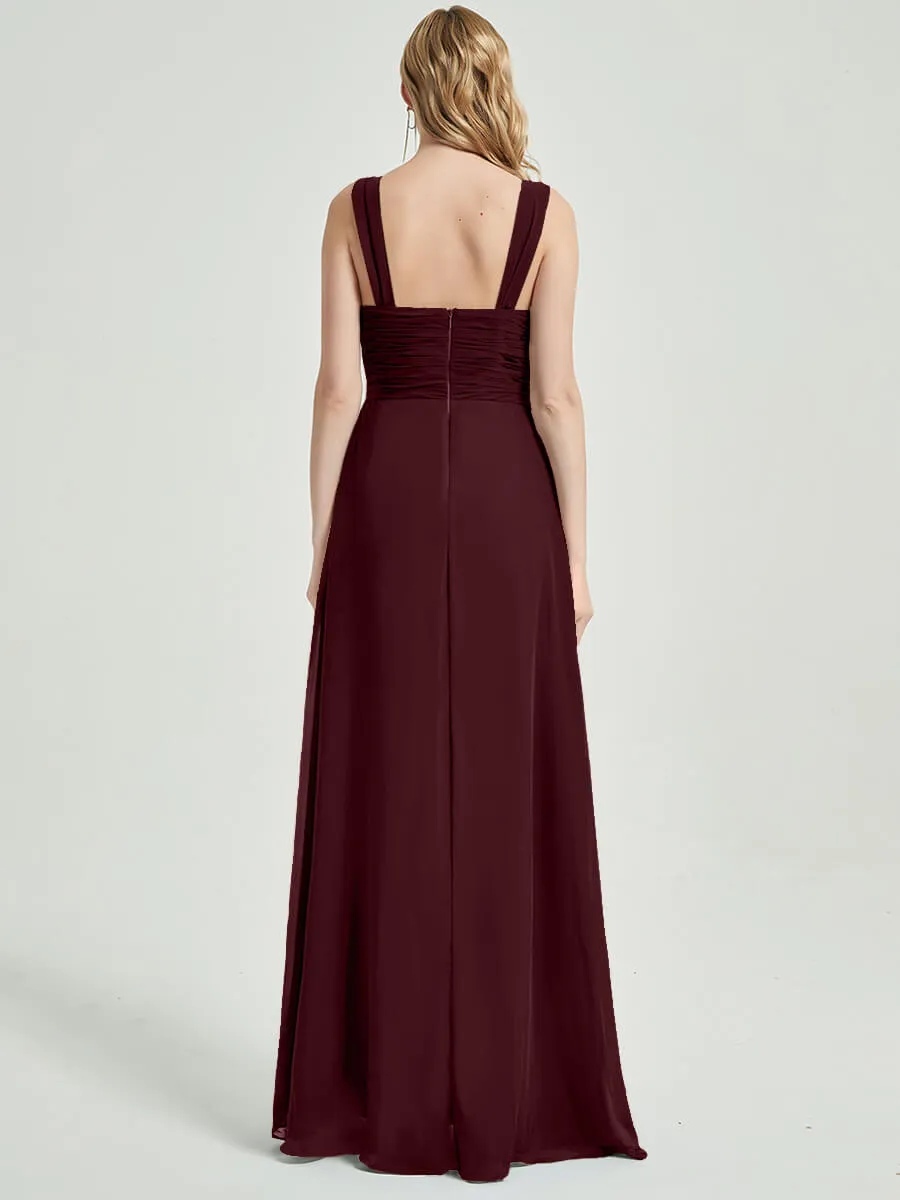 Burgundy Sweetheart Straps A-Line Maxi Chiffon Bridesmaid Dresses