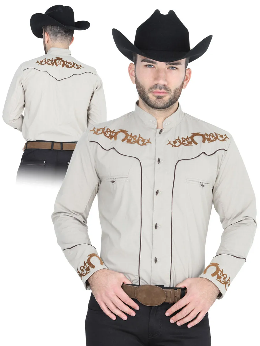 Camisa Vaquera Charra Bordada Manga Larga Caqui para Hombre 'El Señor de los Cielos' - ID: 40789