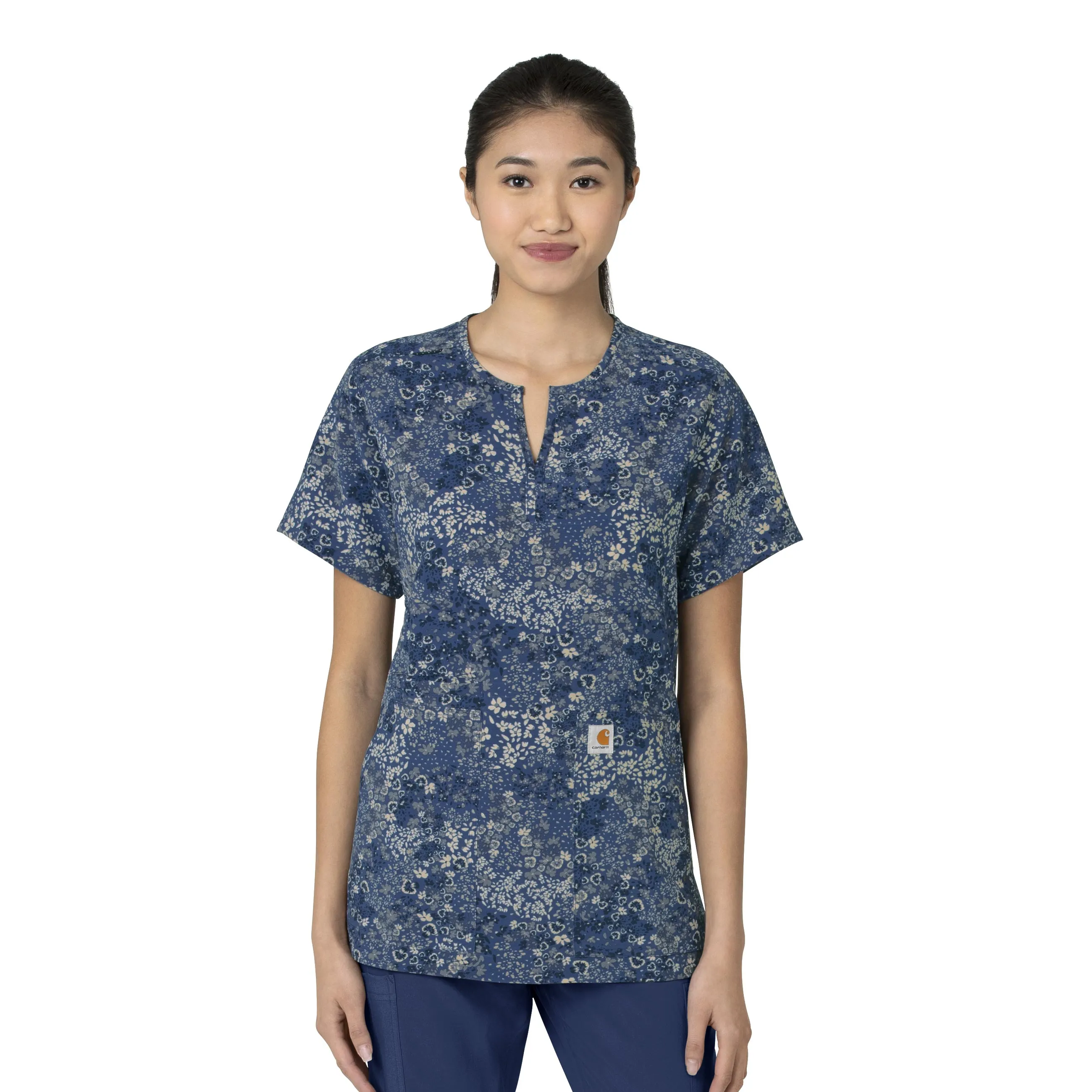 Carhartt Women's Notch Neck Print Scrub Top - Mini Floral Navy