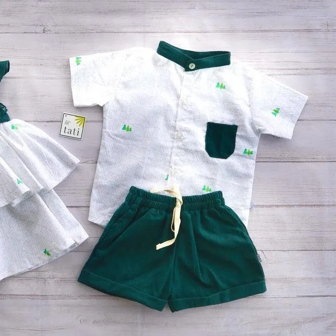 Cedar Top & Shorts in Trees White and Green Linen