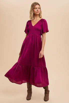 Cherry Merlot Smocked Washed Satin Midi Dress