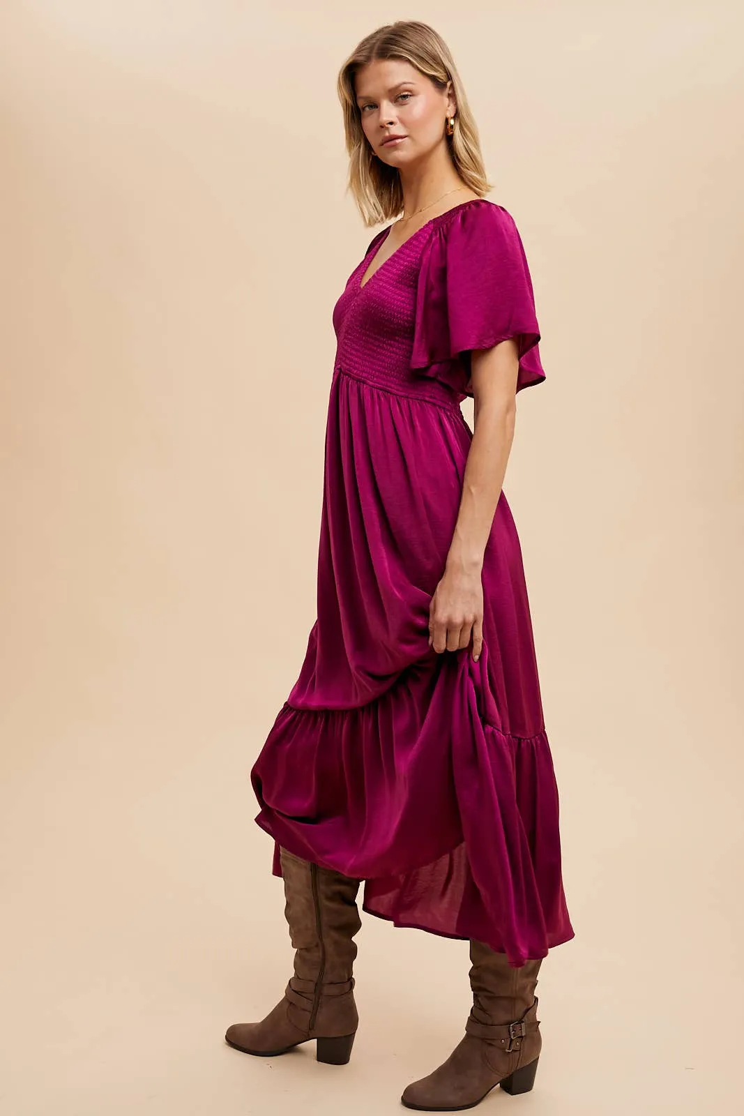 Cherry Merlot Smocked Washed Satin Midi Dress