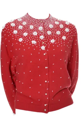 Cherry Red Vintage Cardigan Sweater Beaded Mid Century Gorgeous Beading