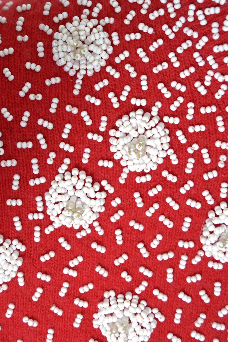 Cherry Red Vintage Cardigan Sweater Beaded Mid Century Gorgeous Beading