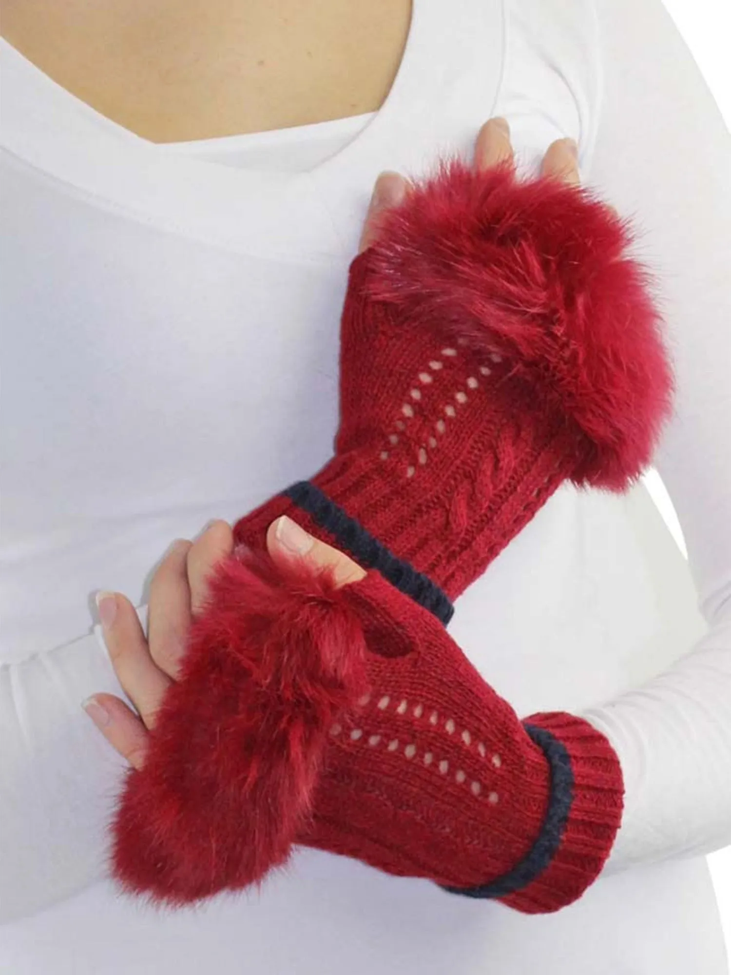 Chic Womens Fingerless Gloves With Faux Fur Trim