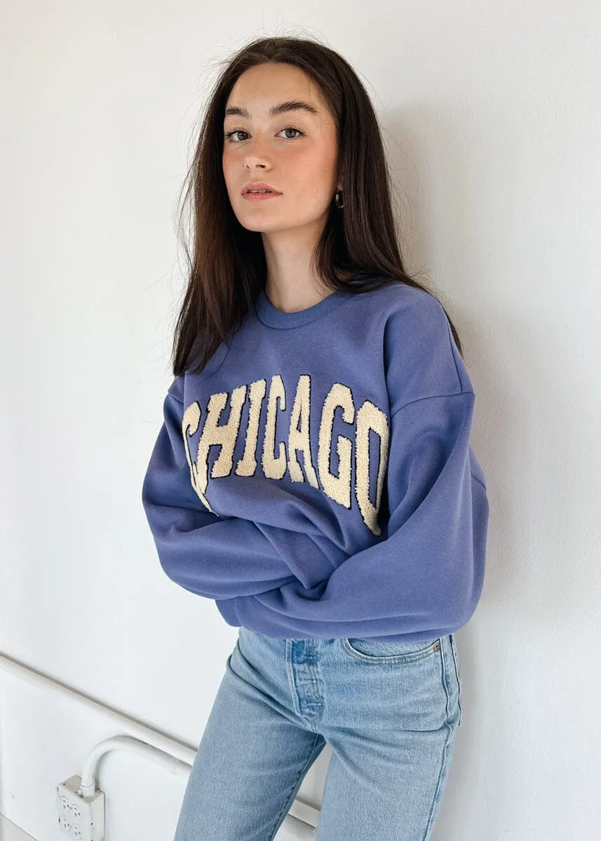 Chicago Boucle Letter Patch Crewneck - Blue