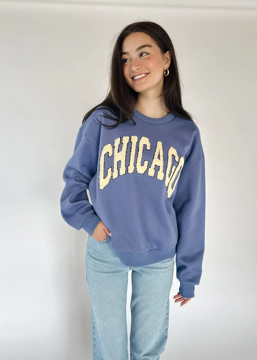 Chicago Boucle Letter Patch Crewneck - Blue