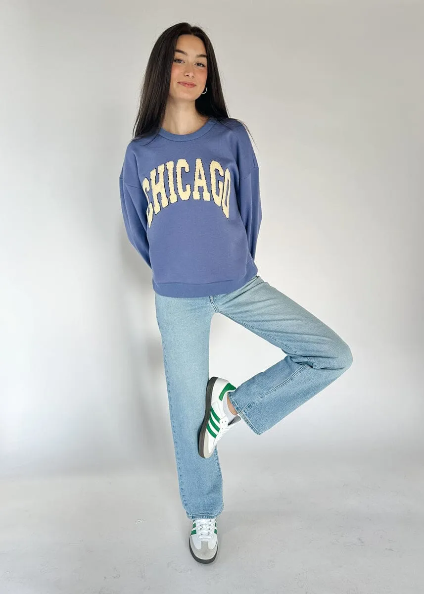 Chicago Boucle Letter Patch Crewneck - Blue