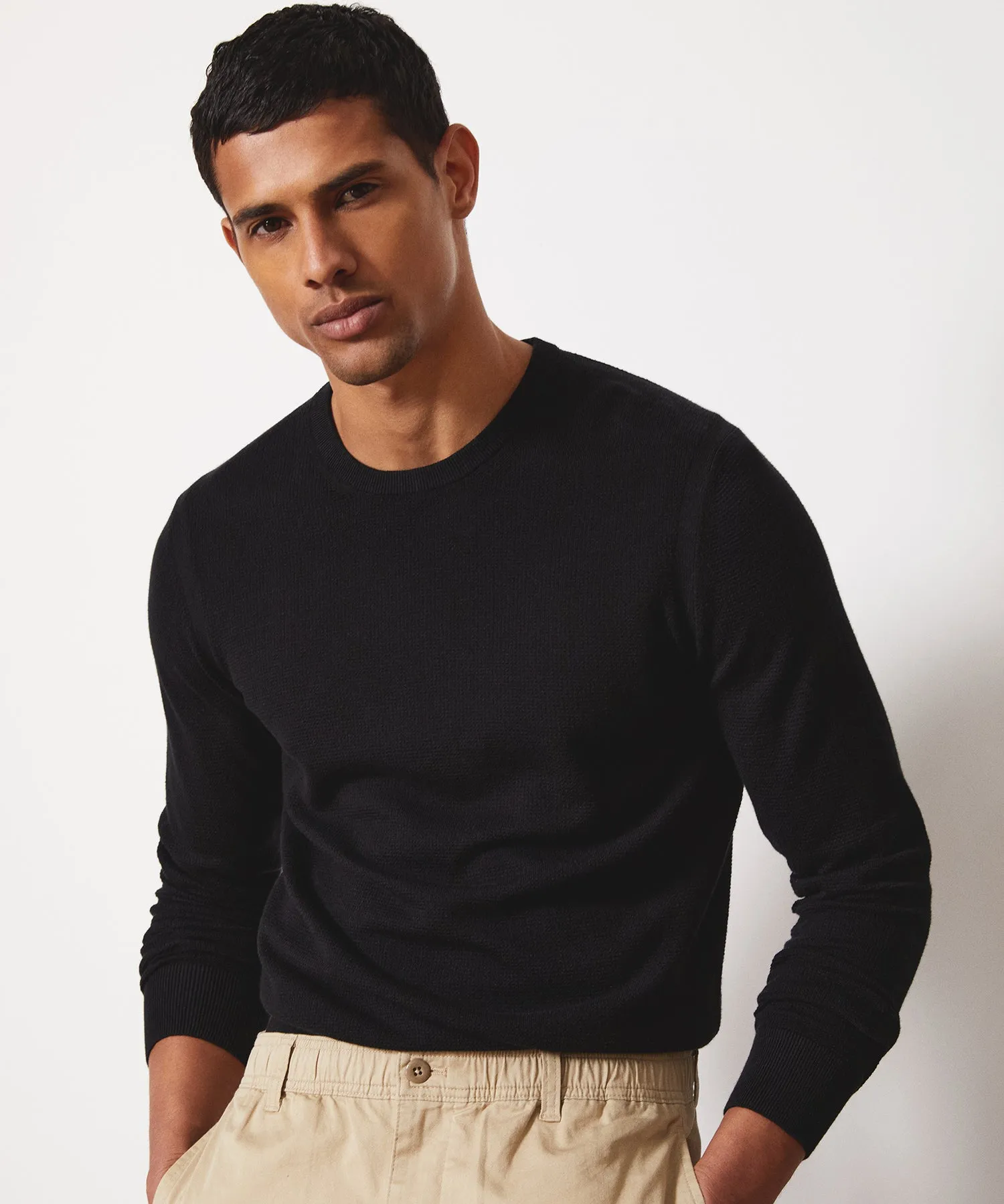 Cotton Silk Pique Crew in Black