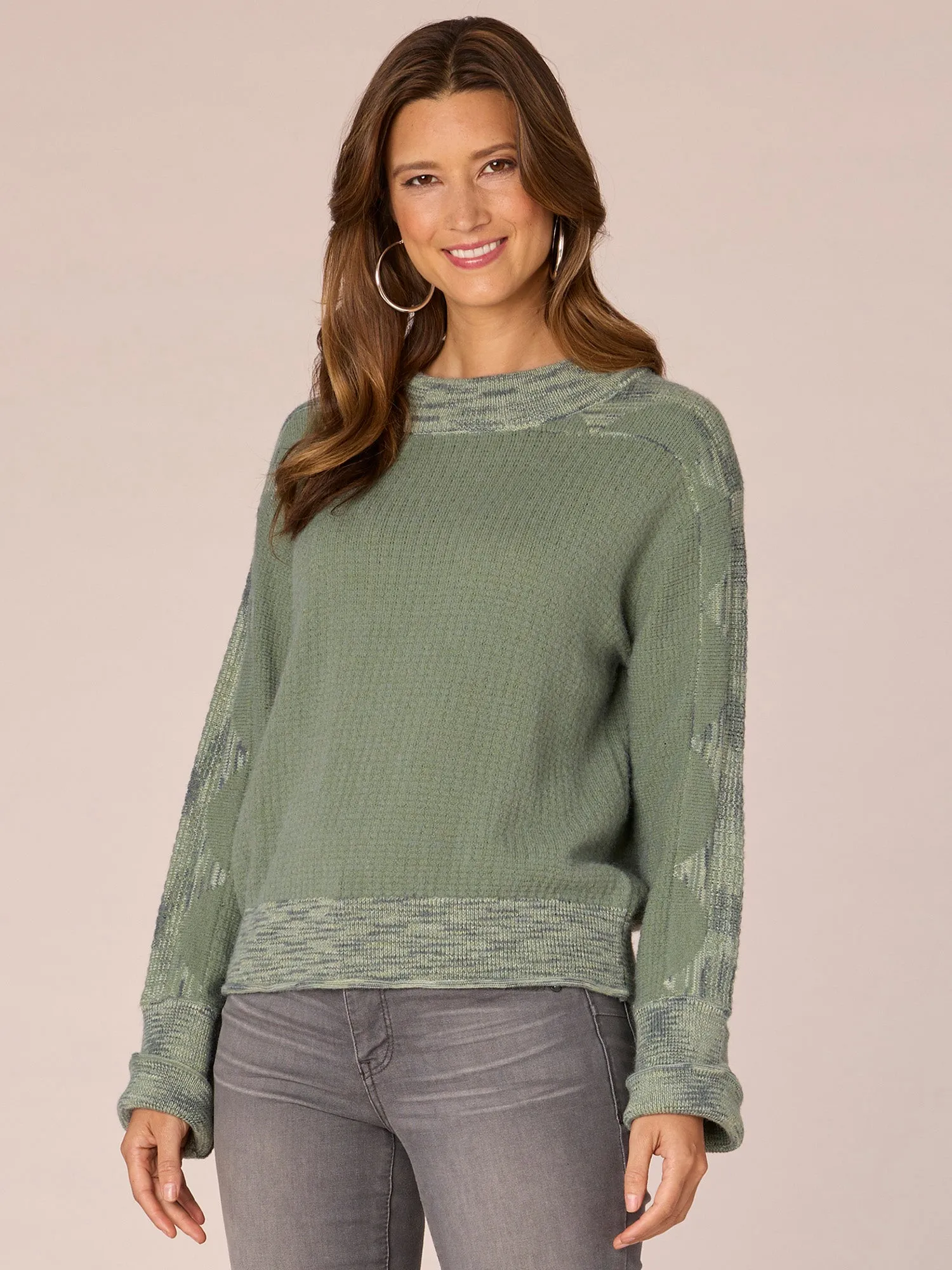 Cuffed Sleeve Mock Neck Space Dye Framing Petite Sweater