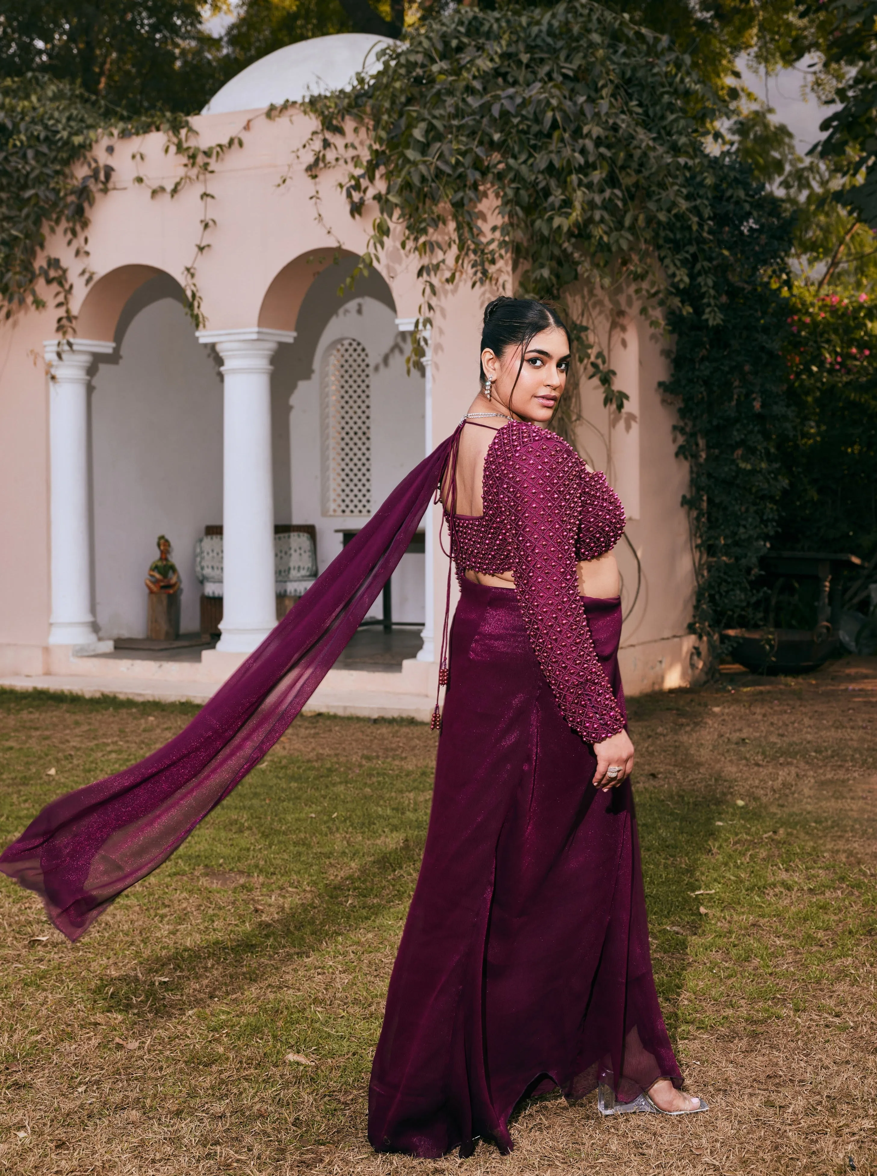 Dania Plum Chiffon Pre- Draped Saree Set