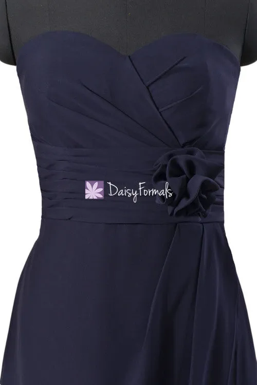 Dark Navy Chiffon Bridesmaid Dress Navy Blue Knee Length Dress Prom Dress (BM270)