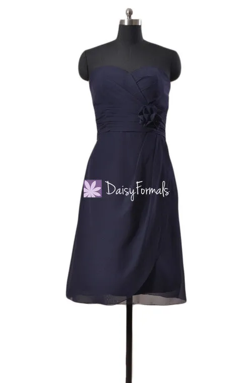 Dark Navy Chiffon Bridesmaid Dress Navy Blue Knee Length Dress Prom Dress (BM270)