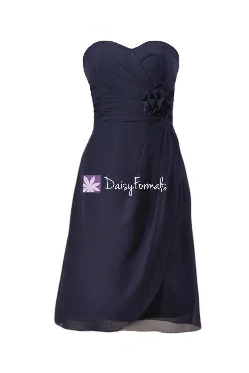 Dark Navy Chiffon Bridesmaid Dress Navy Blue Knee Length Dress Prom Dress (BM270)