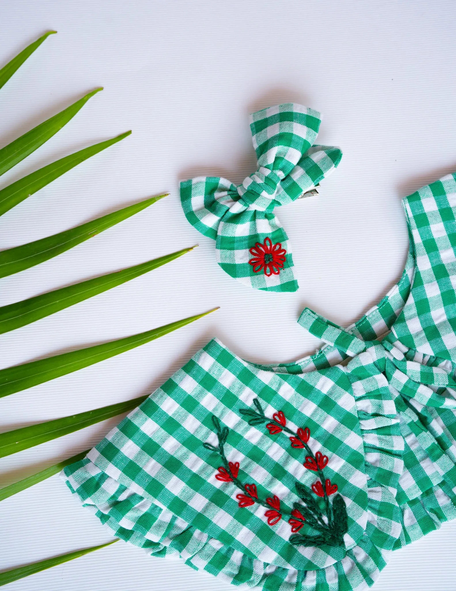 Detachable Collar and Hair Bow set - Green Check