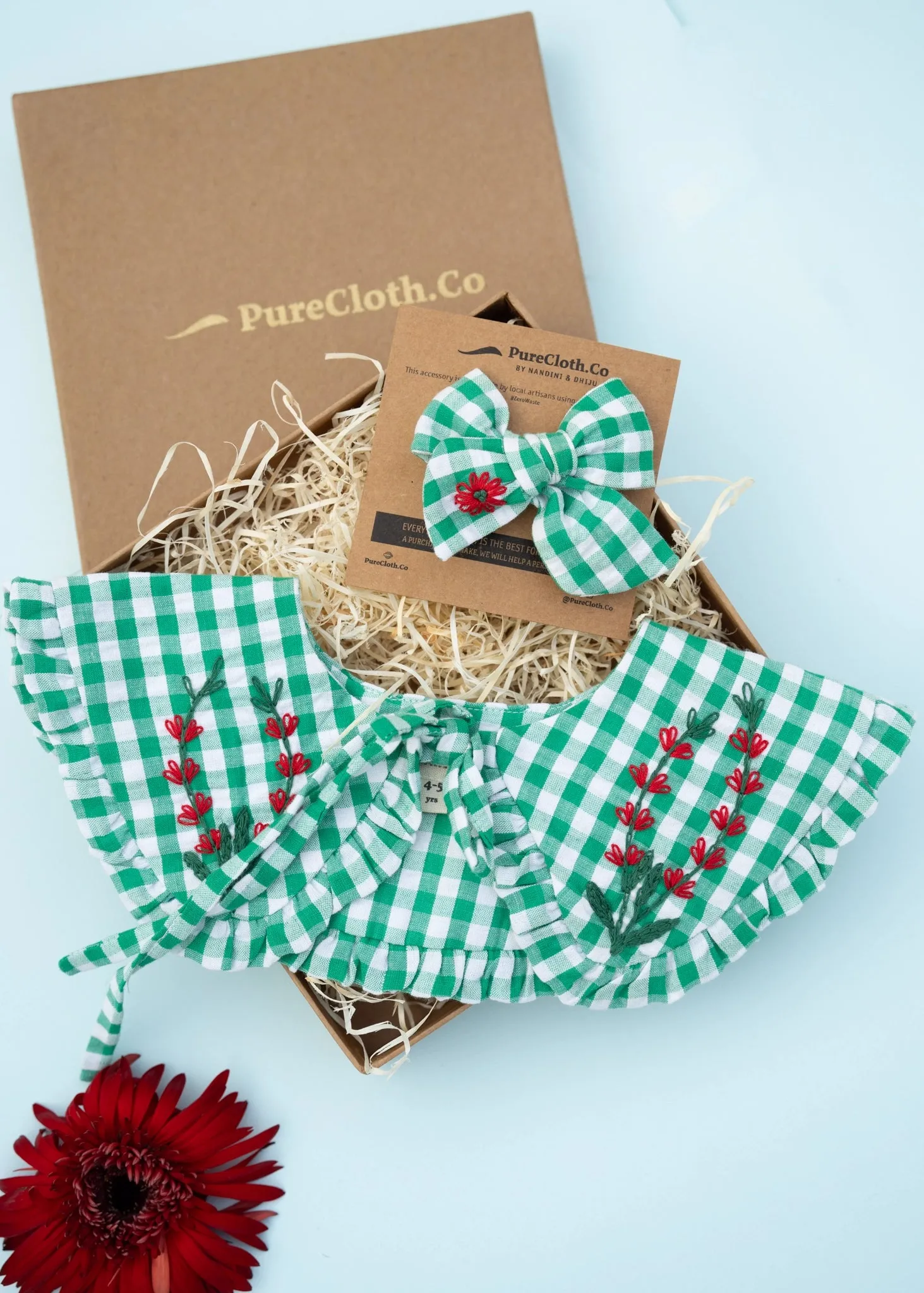 Detachable Collar and Hair Bow set - Green Check