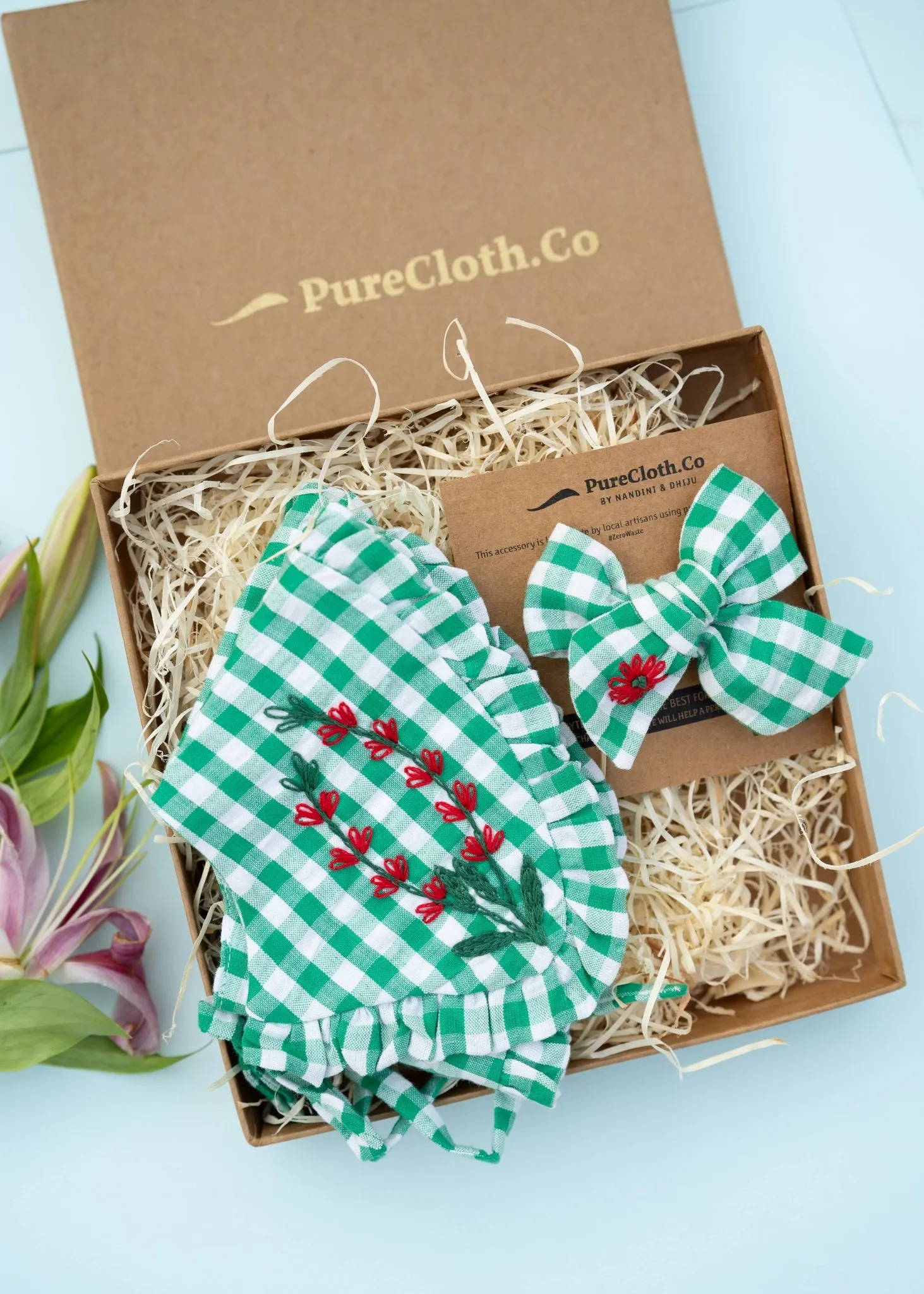 Detachable Collar and Hair Bow set - Green Check