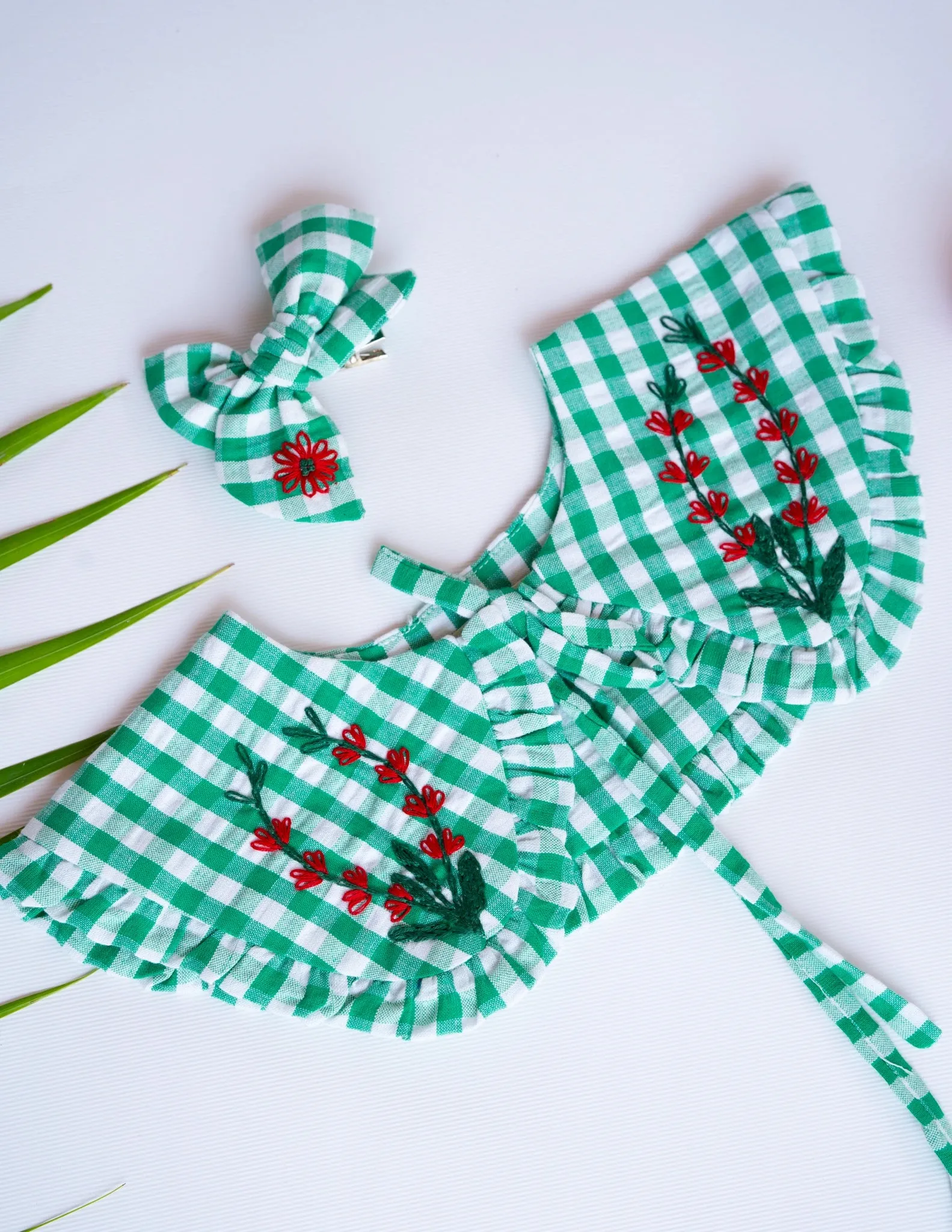 Detachable Collar and Hair Bow set - Green Check