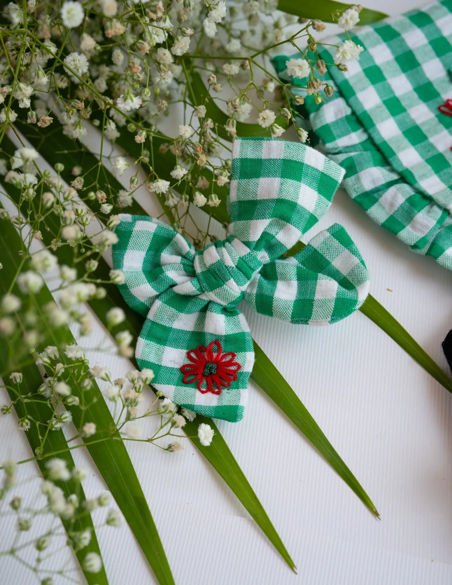 Detachable Collar and Hair Bow set - Green Check