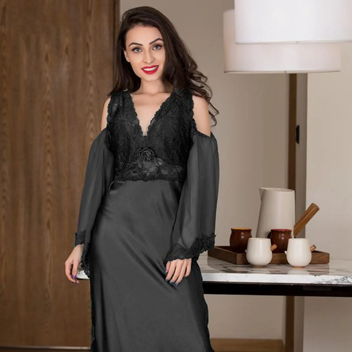 Dressed-to-impress designer black long nighty