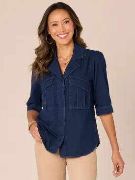 Elbow Puff Sleeve Hidden Placket Button Down Denim Shirt