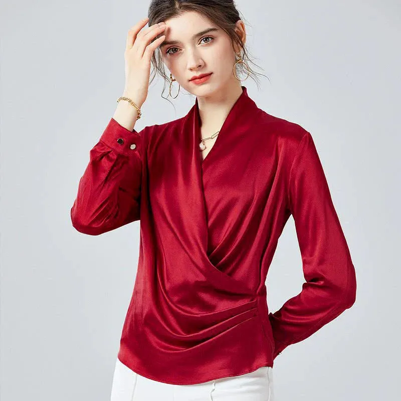 Elegant Ladies Silk Blouse 100% Mulberry Silk Shirt Long Sleeves Silk Top