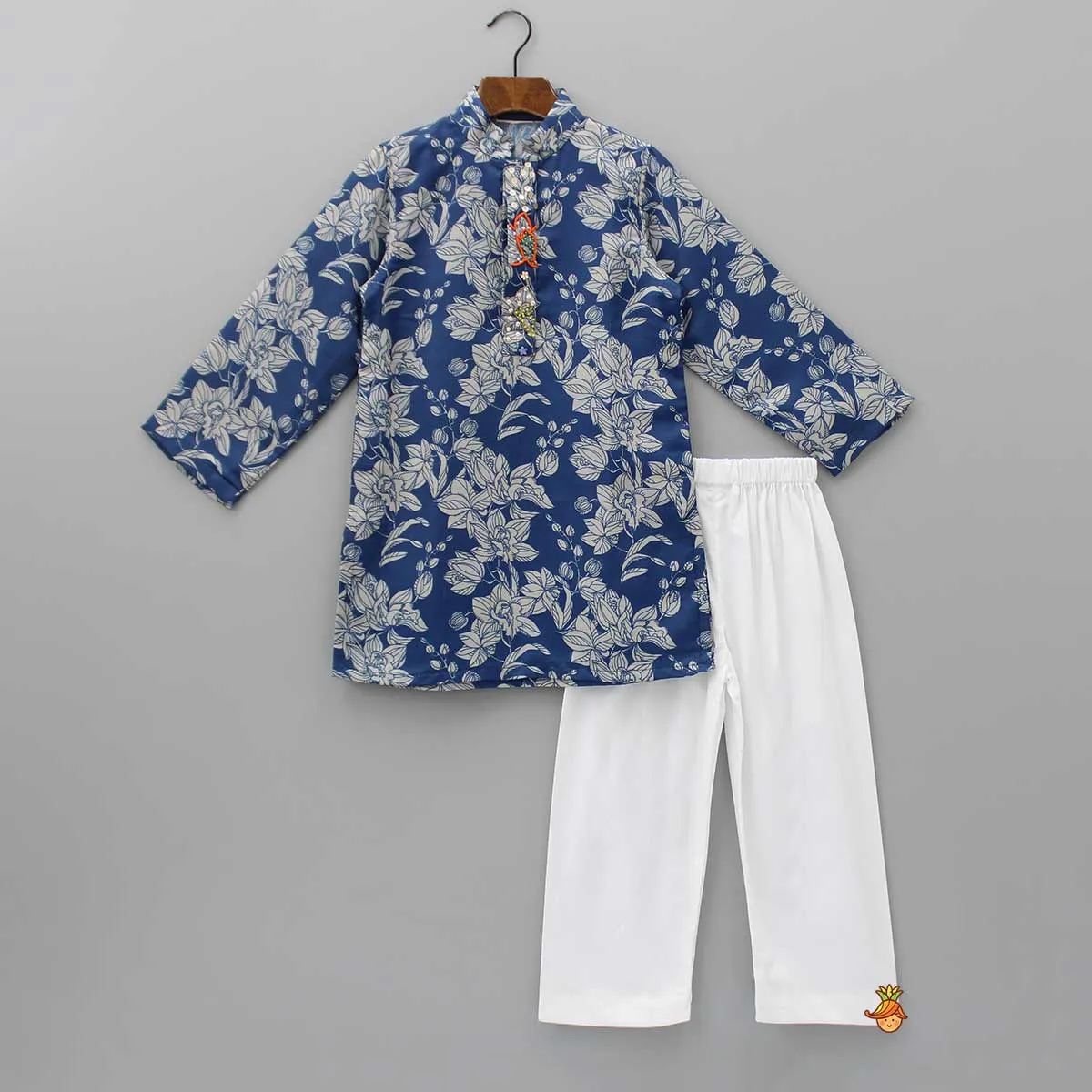 Embroidered Front Placket Blue Kurta And Pyjama