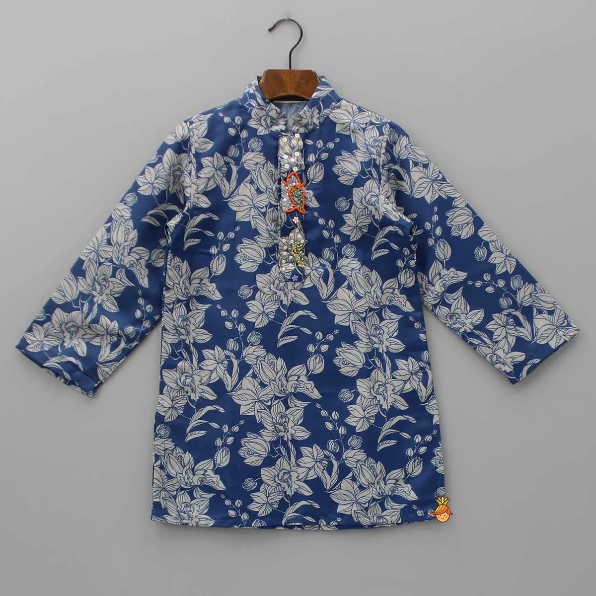 Embroidered Front Placket Blue Kurta And Pyjama