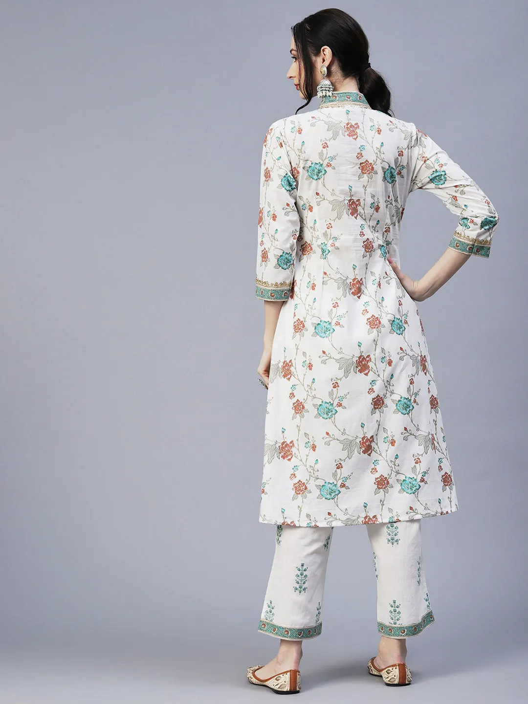 Ethnic Floral Foil Printed & Embroidered A-Line Kurta with Palazzo - Off White