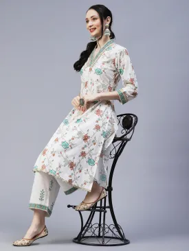 Ethnic Floral Foil Printed & Embroidered A-Line Kurta with Palazzo - Off White