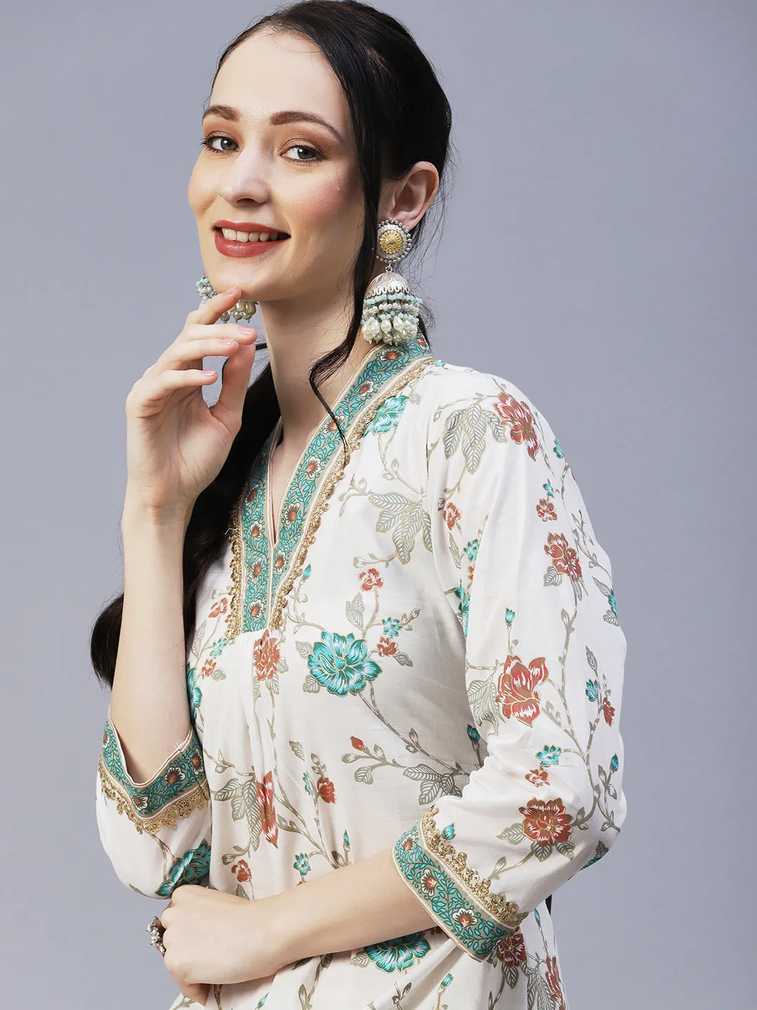 Ethnic Floral Foil Printed & Embroidered A-Line Kurta with Palazzo - Off White