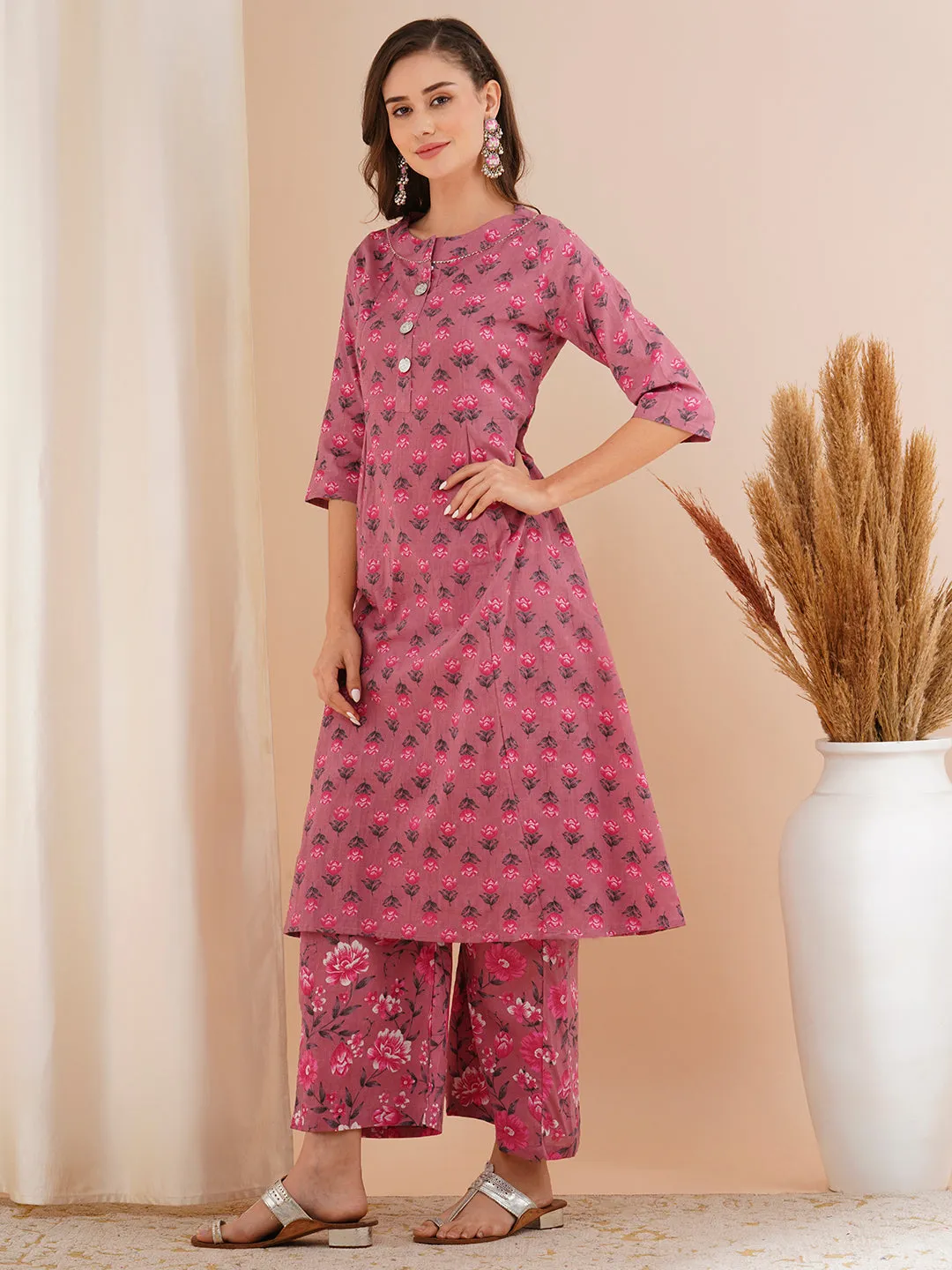 Ethnic Floral Printed A-Line Co-ord Set - Mauve