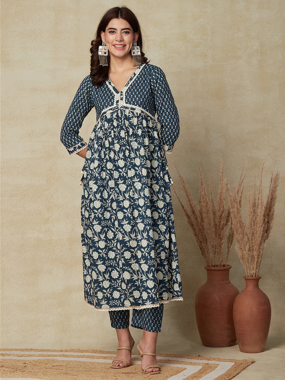 Ethnic Floral Printed A-Line Pleated Kurta with Pant & Dupatta - Teal Blue