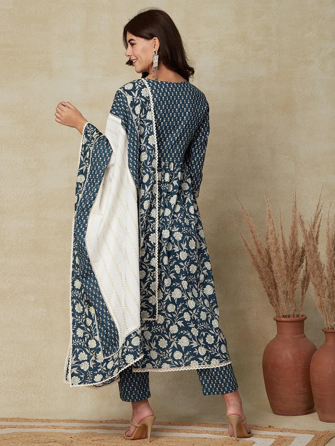 Ethnic Floral Printed A-Line Pleated Kurta with Pant & Dupatta - Teal Blue