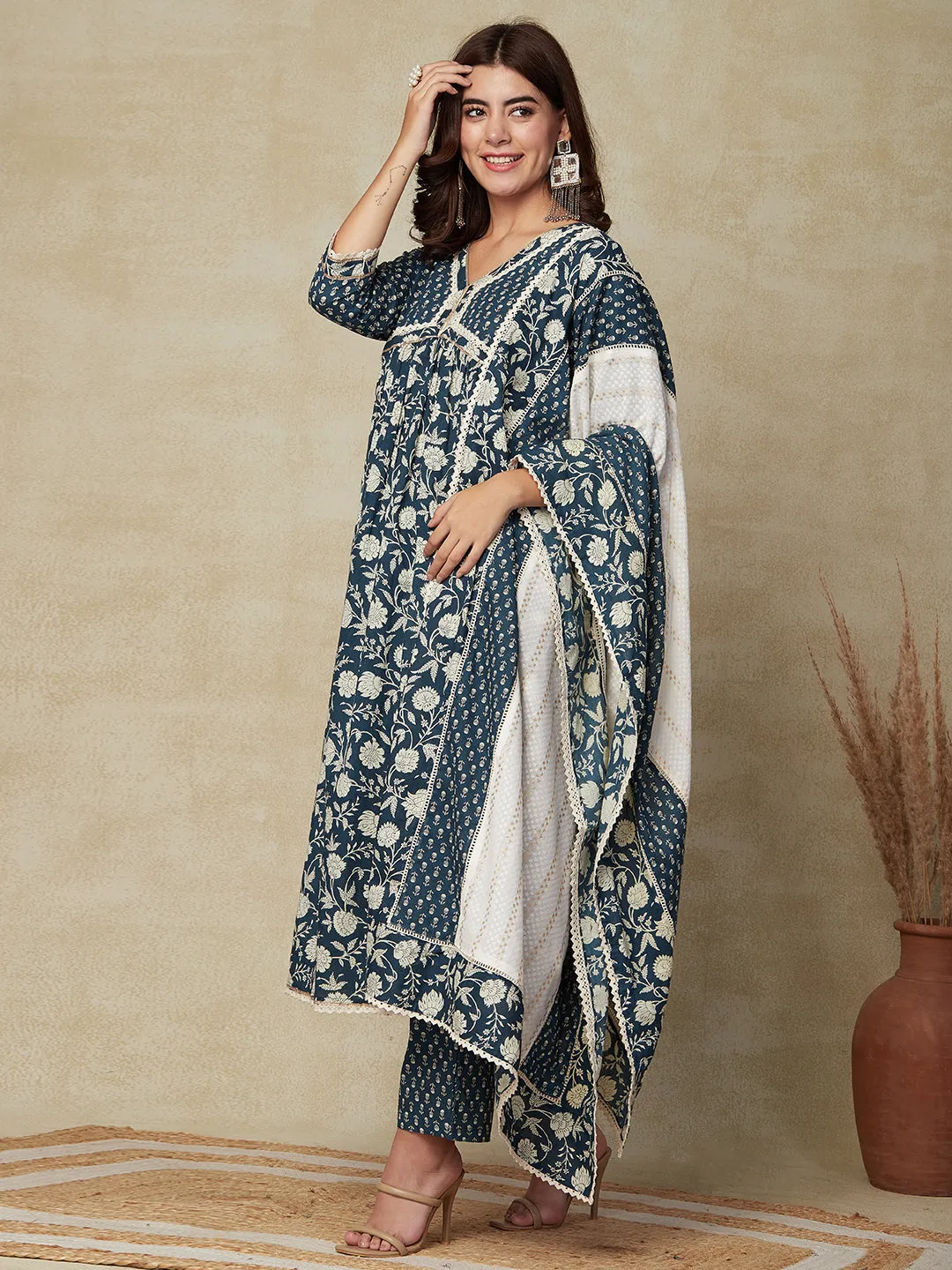 Ethnic Floral Printed A-Line Pleated Kurta with Pant & Dupatta - Teal Blue