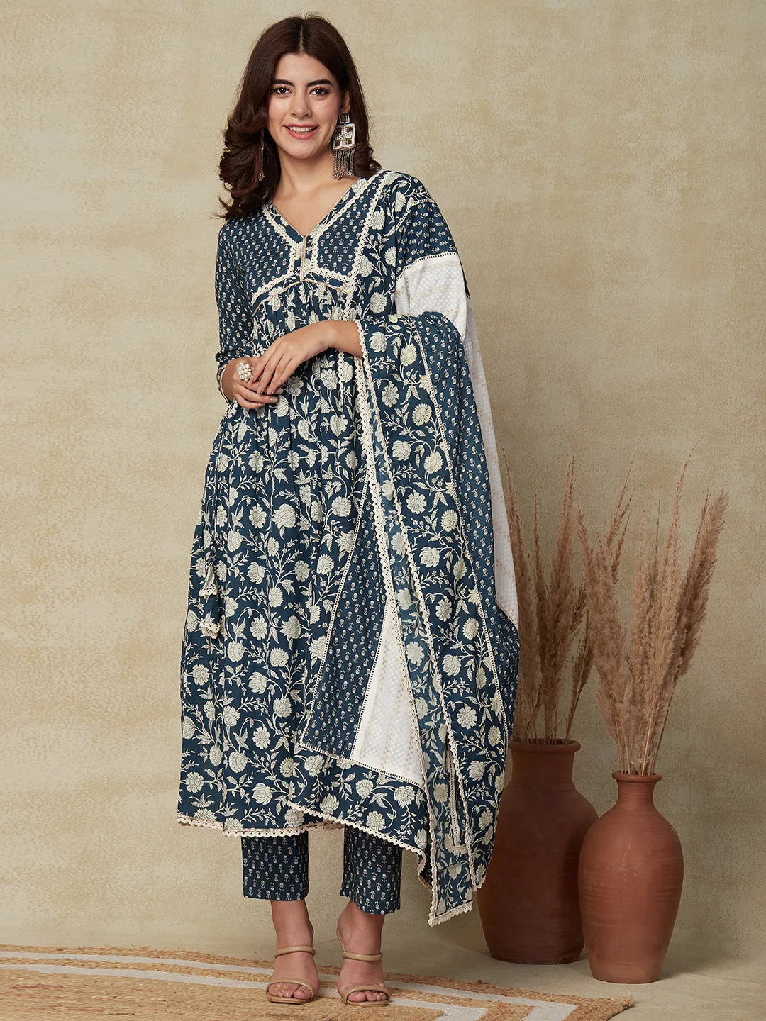 Ethnic Floral Printed A-Line Pleated Kurta with Pant & Dupatta - Teal Blue