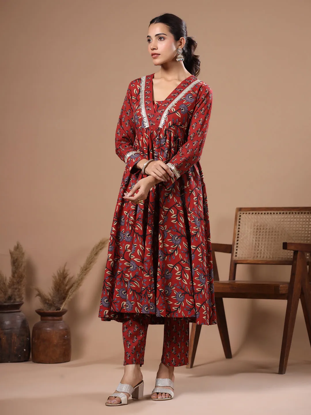 Ethnic Floral Printed & Embroidered A-Line Kurta with Pant - Rust