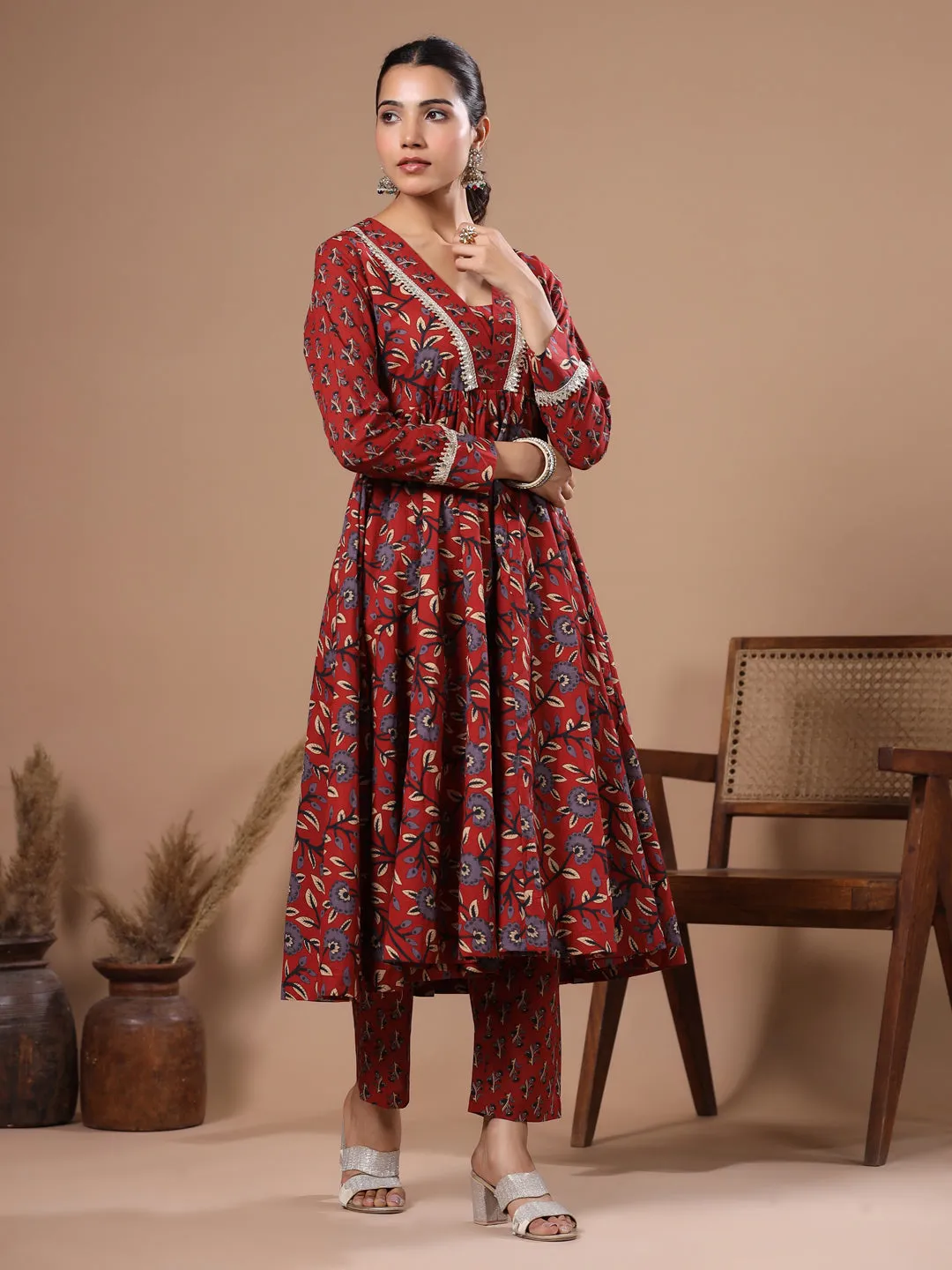 Ethnic Floral Printed & Embroidered A-Line Kurta with Pant - Rust