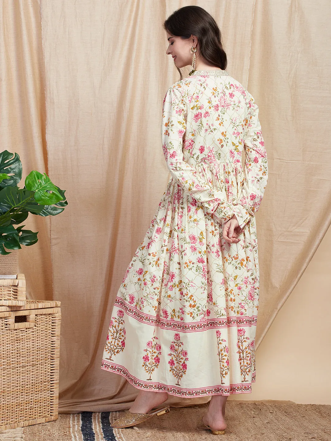 Ethnic Floral Printed & Embroidered A-Line Pleated Kurta with Pant - Off White