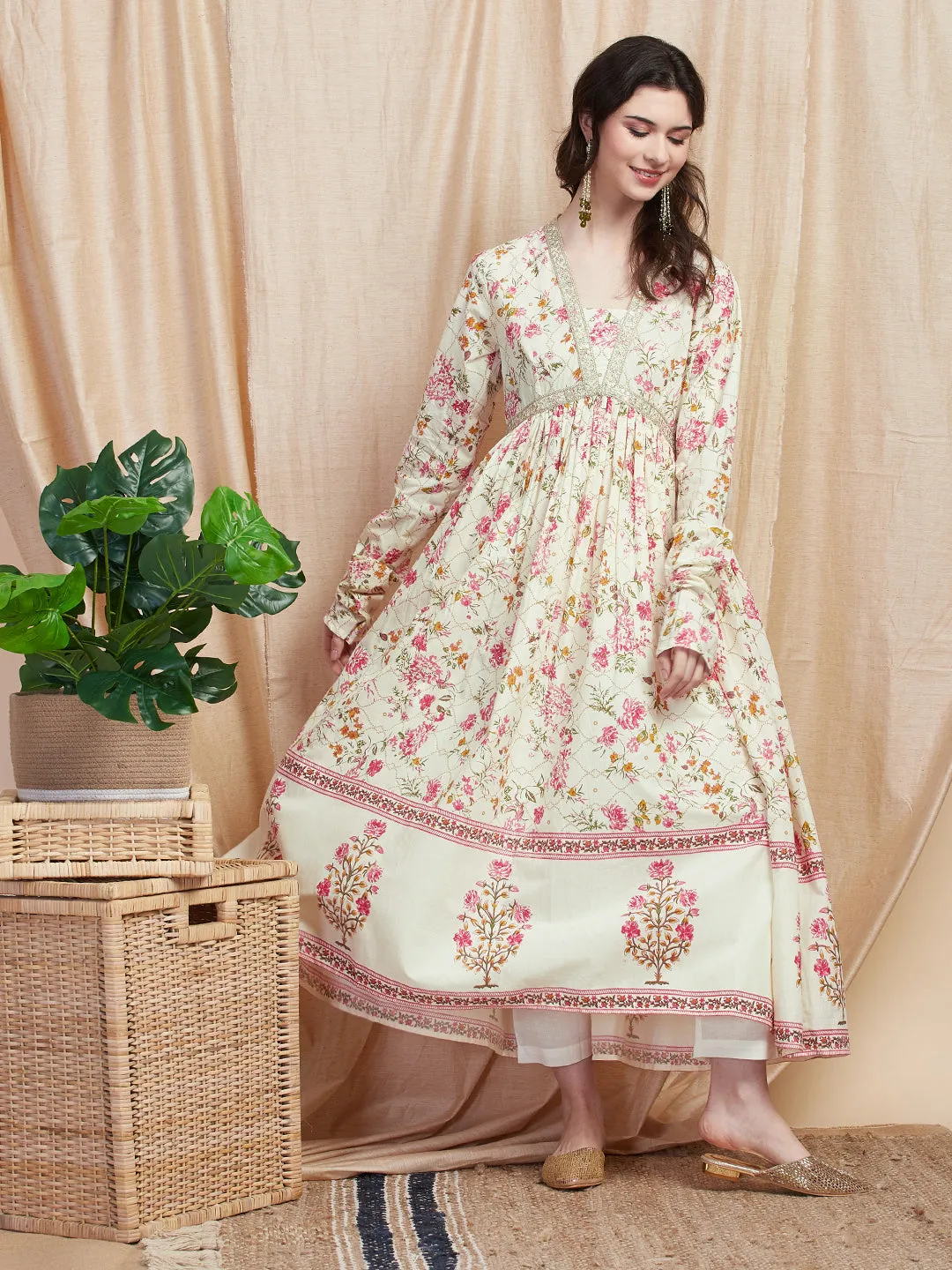 Ethnic Floral Printed & Embroidered A-Line Pleated Kurta with Pant - Off White